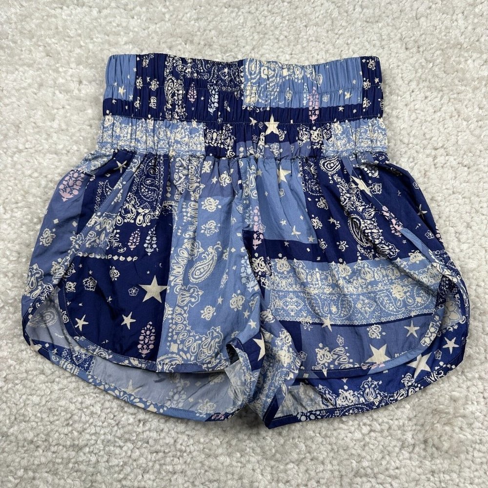 Free People High Waist Bandana Print Shorts in Navy and Light Blue